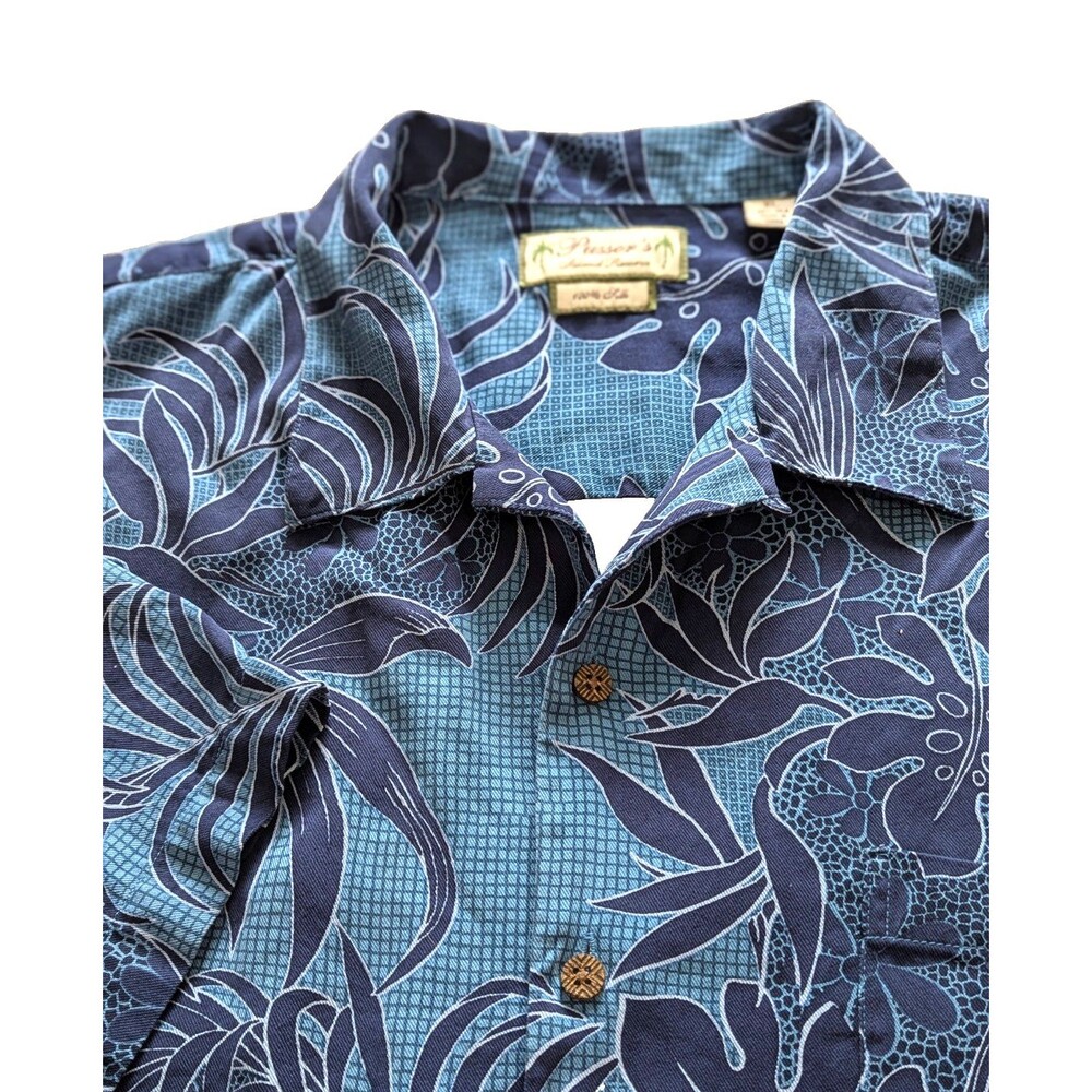 Pusser's Island Reserve Men SS Silk Camp Shirt Tropical Teal Blues Tiny Flaw - Picture 4 of 12